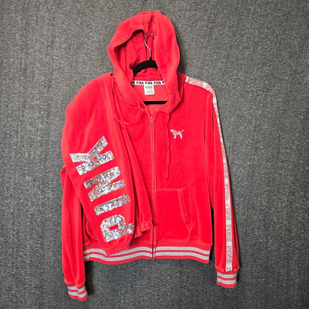 Pink‎ Victoria's Secret Red Sequin Bling Dog Sweatsuit Track Lounge Large